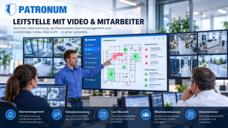 Leitstelle mit Monitorwand für Videoüberwachung in einer Sicherheitszentrale